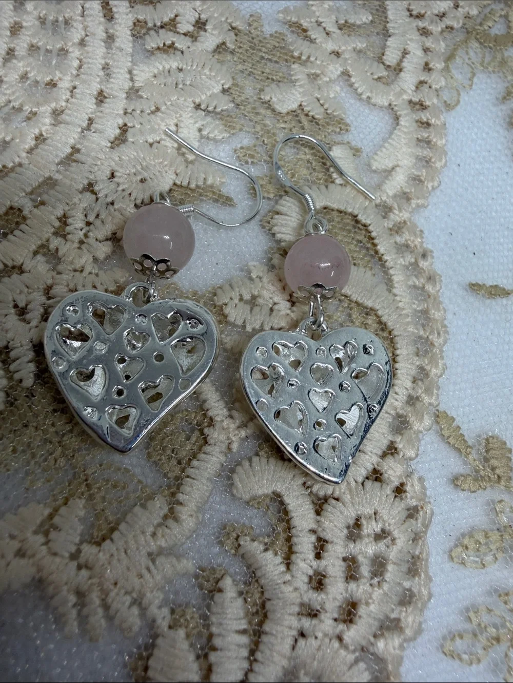 Handmade 925 Sterling Silver Rose Quartz 3D Heart Earrings | Romantic Floral